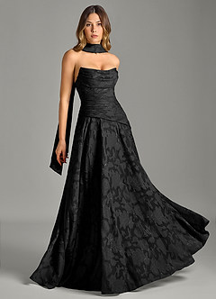 Azazie Gabriela Brautjungfernkleider A-Linie Schulterfrei Blumen-Burnout Kleid Schwarz image5