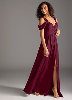 Azazie Lianne Bridesmaid Dresses Mulberry A-Line Off the Shoulder Stretch Satin Dress image6