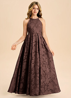 Azazie Arianthe Junior Abito A-Line in Burnout Floreale Plissettato Ganache image3