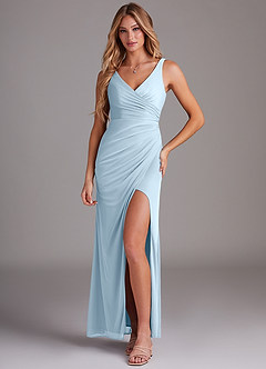 Azazie Leandra Bridesmaid Dresses Sky Blue Mermaid V-Neck Pleated Mesh Dress image1