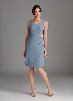 Azazie Saturn Mother of the Bride Dresses Dusty Blue Sheath V-Neck Pleated Chiffon Dress image3