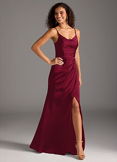 Azazie Deandra Bridesmaid Dresses Burgundy Mermaid Pleated Stretch Satin Dress image5