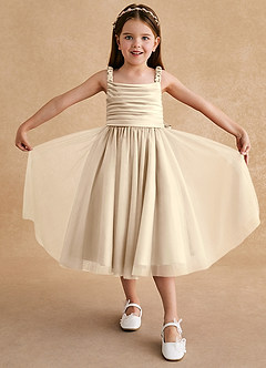 Azazie Gabbie Flower Girl Dresses Champagne A-Line Pleated Matte Satin Dress image3