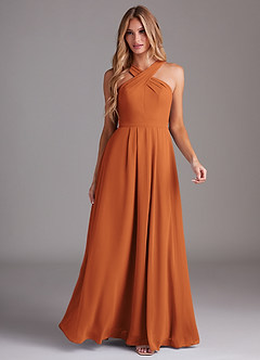 Azazie Dixie Bridesmaid Dresses Cinnamon A-Line Halter Pleated Chiffon Dress image3