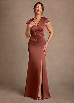 Azazie Rilda 신부의 어머니 드레스 쉬스 레이스 스트레치 새틴 플로어 길이 드레스 image4