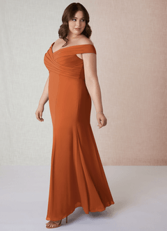 Azazie Lecia Robes de demoiselle d'honneur Robe Empire Convertible en Mousseline de soie Schulterfrei, plissiert Cannelle image10
