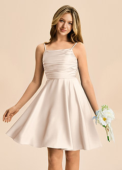 Azazie Miko Junior White Alabaster A-Line Pleated Stretch Satin Dress image1