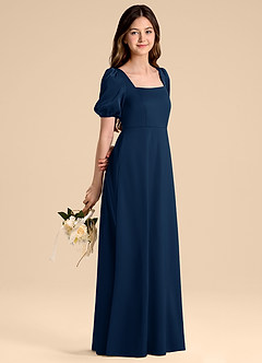 Azazie Briar Junior Dark Navy A-Line Bow Stretch Satin Dress image6