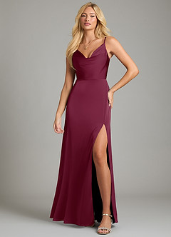 Azazie Sarella Vestidos de damas de honor Vestido de Mora de Satén Elástico de Corte en A con Plisado image4