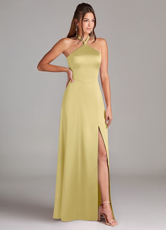 Azazie Elliana Bridesmaid Dresses Lemon Sorbet A-Line Side Slit Stretch Satin Dress image3