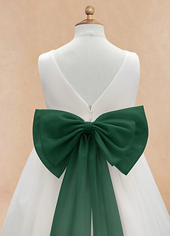 Azazie Kavi Blumenmädchenkleider A-Linie Schleifen Matte Satin Kleid Elfenbein Dunkelgrün image10