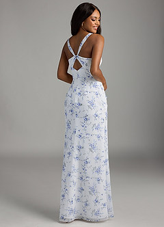 Azazie Mero Bridesmaid Dresses Blue Cottage Floral Sheath Pleated Chiffon Dress image2