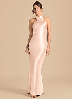 Azazie Velli Bridesmaid Dresses Rose Gold Sheath High Neck Metallic Satin Dress image4