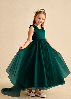 Azazie Lorita Robe Demoiselle D'honneur Fillette Robe Trapèze en Tulle Perlé Vert Pin image7