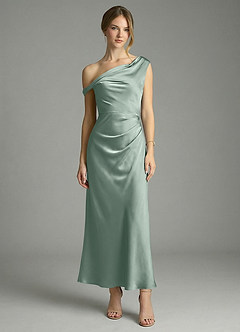Azazie Emerson Robes de demoiselle d'honneur Robe Sirène en Satin extensible Épaules dénudées Agave image5