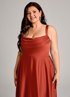 Azazie Shaude Bridesmaid Dresses Rust A-Line Pleated Stretch Satin Dress image9
