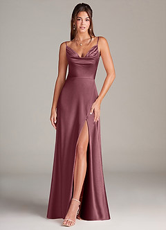 Azazie Sarella Robes de demoiselle d'honneur Robe Trapèze en Satin extensible Plissé Rose Du Désert image1