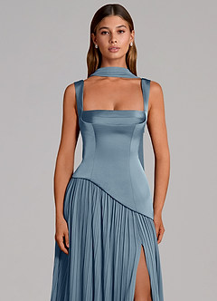 Azazie Stephanie 신부 들러리 드레스 A라인 주름진 스트레치 새틴 바닥 길이 드레스 image6