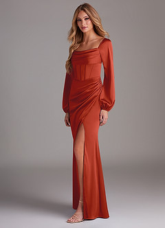 Azazie Charissa Bridesmaid Dresses Rust Sheath Long Sleeve Stretch Satin Dress image5