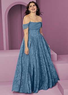 Barbie ♥ Azazie Robes de demoiselle d'honneur Robe Trapèze Convertible en Blumen-Burnout Épaule décolletée Acier Bleuté image10