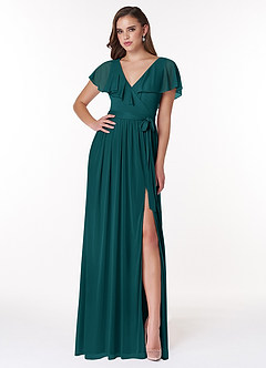 Azazie Jael Bridesmaid Dresses Peacock A-Line V-Neck Mesh Dress image1