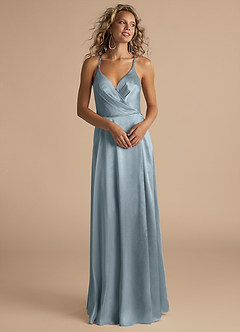 Azazie Davis Bridesmaid Dresses Dusty Blue A-Line Pleated Metallic Satin Dress image4