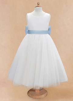 Azazie Kavi Flower Girl Dresses Ivory Powder Blue A-Line Bow Matte Satin Dress image7