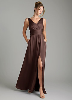 Azazie Karina Bridesmaid Dresses Ganache A-Line Pleated Stretch Satin Dress image1