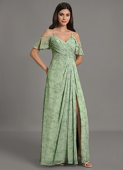 Azazie Dakota Bridesmaid Dresses Green Fern Floral A-Line V-Neck Pleated Chiffon Dress image5