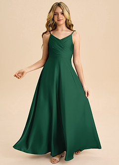 Azazie Bug Junior Linia A Pofałdowany Satyna elastyczna Długość podłogi Młodsza druhna Sukienka image1