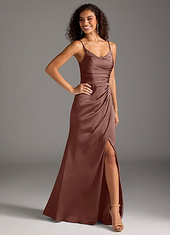 Azazie Deandra Bridesmaid Dresses Espresso Mermaid Pleated Stretch Satin Dress image5