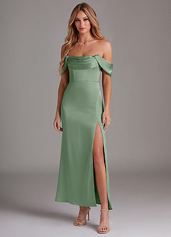 Azazie Saige Bridesmaid Dresses Matcha Mermaid Off the Shoulder Stretch Satin Dress image3