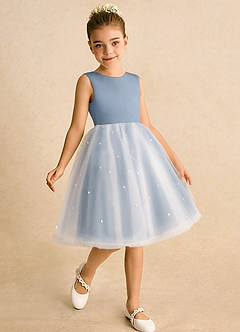 Azazie Esme Blumenmädchenkleider Ballkleid Schleifen Tüll Kleid Staubblau image3