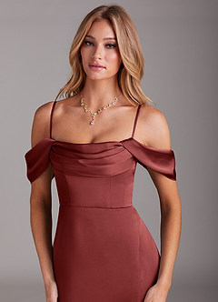 Azazie Saige Bridesmaid Dresses Terracotta Sheath Off the Shoulder Stretch Satin Dress image2