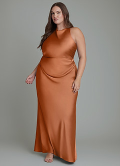 Azazie Evadne Bridesmaid Dresses Copper Sheath Pleated Stretch Satin Dress image12