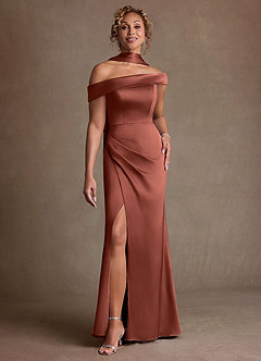 Azazie Kamala 신부의 어머니 드레스 쉬스 한쪽 어깨 스트레치 새틴 플로어 길이 드레스 image1