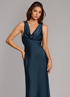 Azazie Cheryl Vestidos de damas de honor Vestido Azul Marino Oscuro de Satén Elástico de Corte Sirena image6