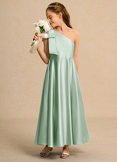 Azazie Guppy Girls Formal Blumenmädchenkleider A-Linie One-Shoulder Matte Satin Kleid Agave image4