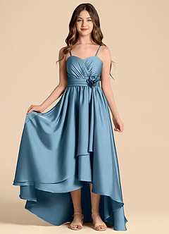 Azazie Catalina Junior Abito A-Line in Raso Elasticizzato Scollo a Cuore Blu Acciaio image5