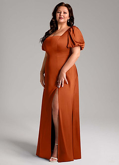 Azazie Fyona Bridesmaid Dresses Burnt Orange A-Line Pleated Stretch Satin Dress image10