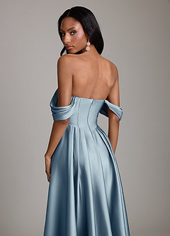 Azazie Loisa Probar vestidos en casa Vestido de Azul Polvoriento de Satén Elástico de Corte en A con Vestidos sin tirantes image4