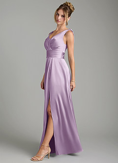 Azazie Karina Bridesmaid Dresses Frosted Lilac A-Line Pleated Stretch Satin Dress image3