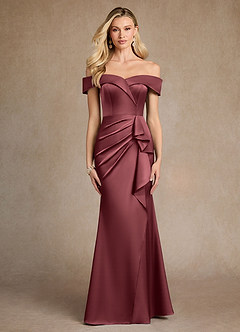 Azazie Laredo Moeder van de bruid jurken Zeemeermin Jurk van Stretch Satijn Off the Shoulder Merlot image1