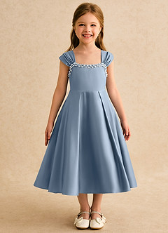 Azazie Yosemite Jurken voor bloemenmeisjes Baljurk Jurk van Mat Satijn Sweetheart Halslijn Stoffig Blauw image4