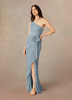 Azazie Jocelyn Mother of the Bride Dresses Dusty Blue Sheath One Shoulder Metallic Mesh Dress image2