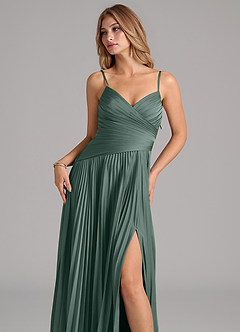 Azazie Vini Bridesmaid Dresses Sea Moss A-Line Pleated Stretch Satin Dress image2