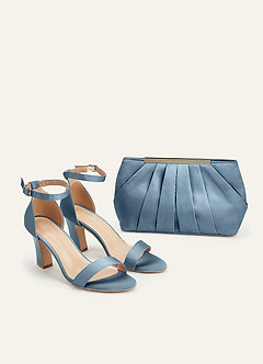 front Ensemble de sandales à talons compensés en satin stretch et pochette plissée assorties