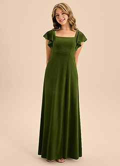 Azazie Bondi Junior Olive A-Line Bow Velvet Dress image1