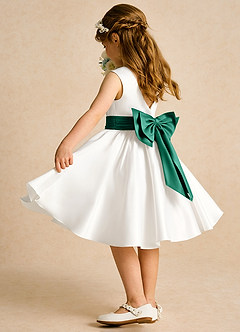 Azazie Sosie Flower Girl Dresses Ivory Emerald A-Line Pleated Matte Satin Dress image4