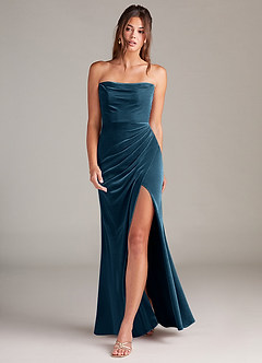 Azazie Leonis Bridesmaid Dresses Blue Topaz Mermaid Strapless Velvet Dress image4